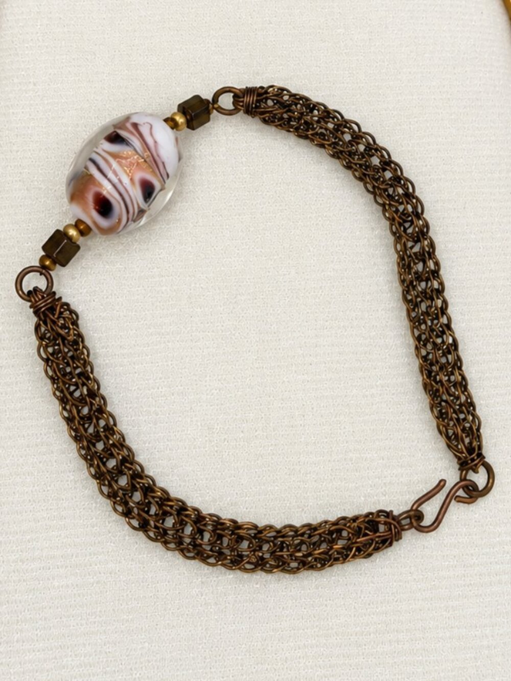 Vintage Style Bronze Multi Strand Chain Bracelet Lampwork Glass Bead